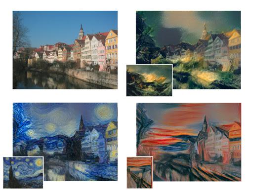 Four images of the same row of houses in front of a canal. One is a photograph and the others look like paintings.
